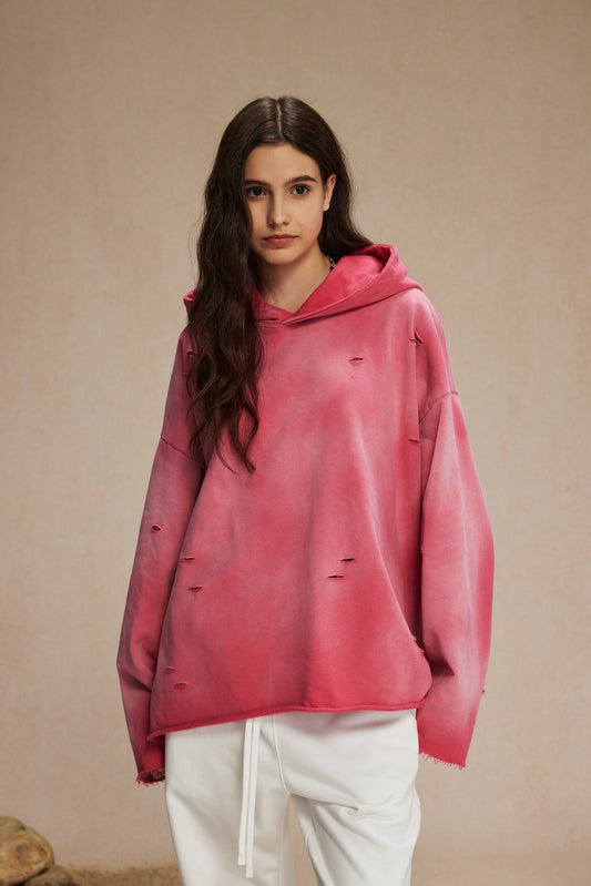 UNISEX BOXY FIT PINK DISTRESSED HOODIE