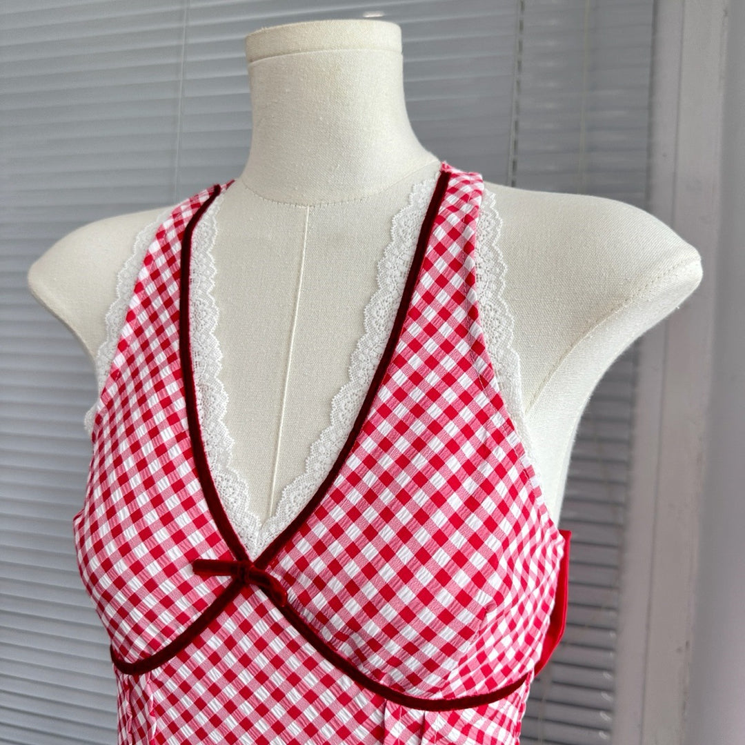 GHINGHAM HALTER NECK PADDED TOP