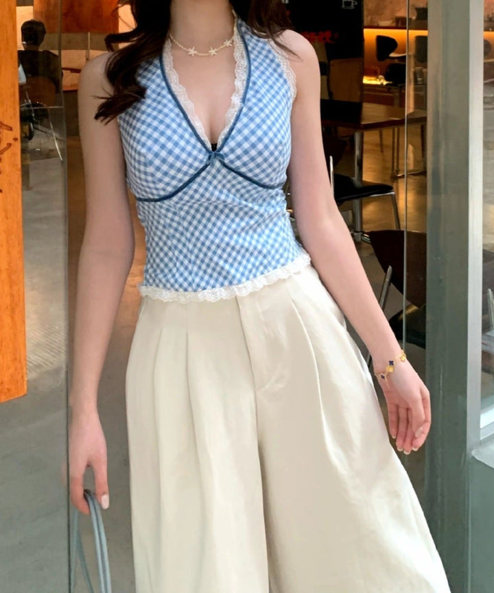 GHINGHAM HALTER NECK PADDED TOP