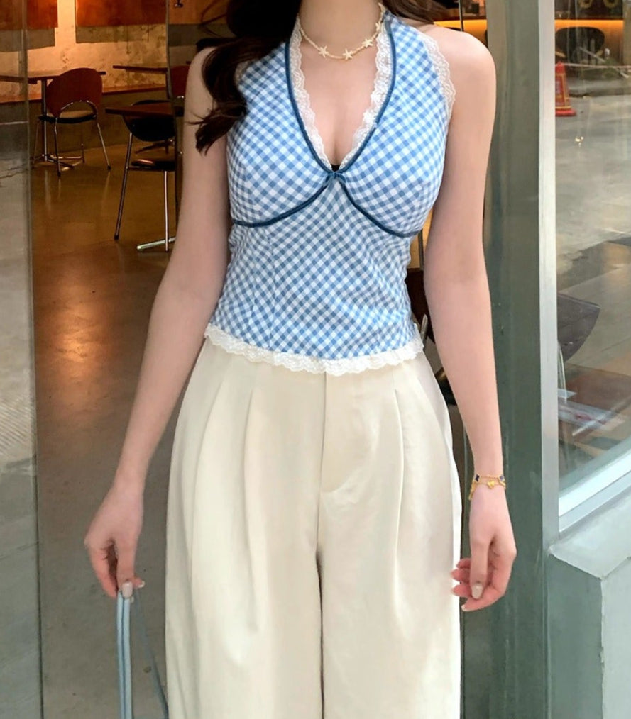 GHINGHAM HALTER NECK PADDED TOP
