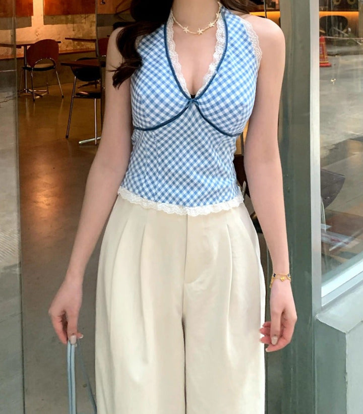 GHINGHAM HALTER NECK PADDED TOP