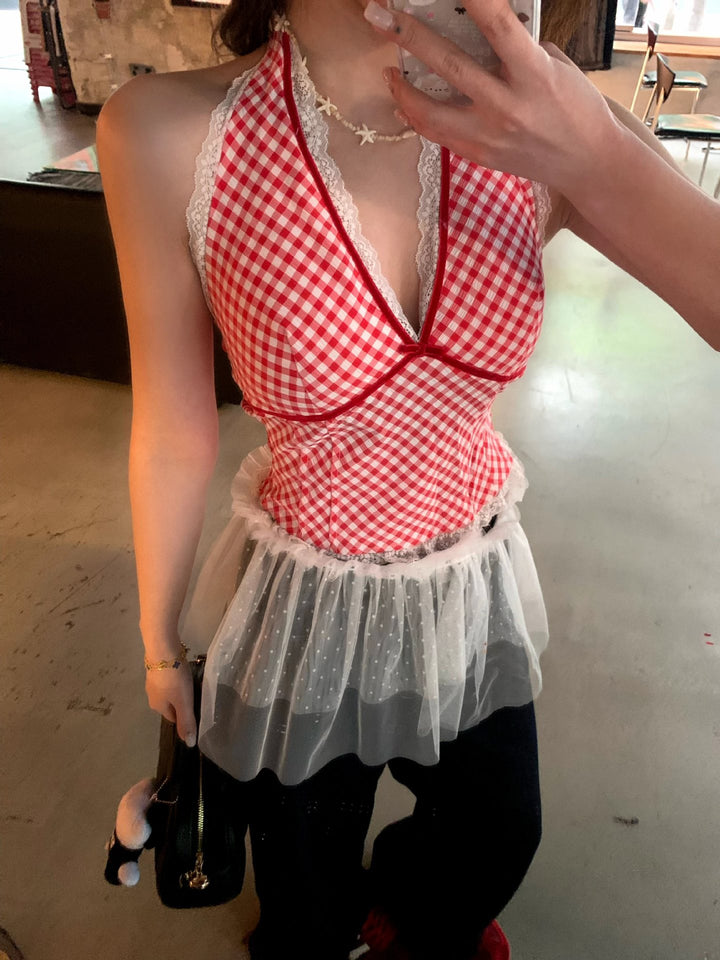 GHINGHAM HALTER NECK PADDED TOP