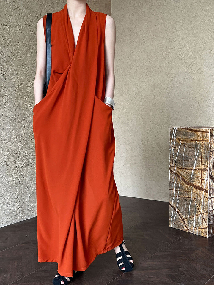 JAPENESE V NECK SLEEVELESS DRESS