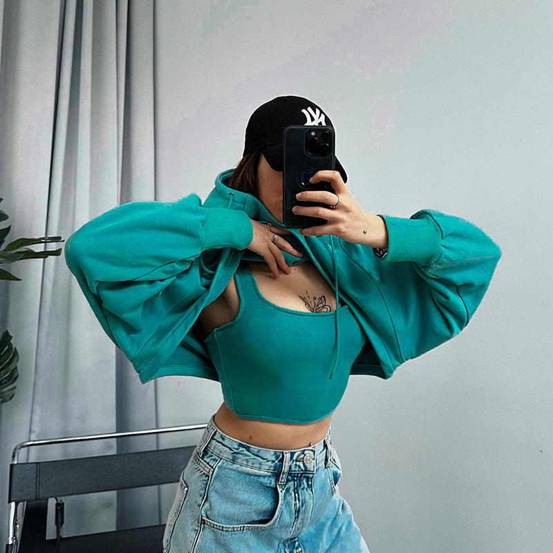 DOUBLE LAYERED CROPPED HOODIE