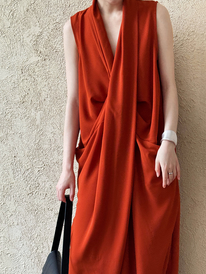 JAPENESE V NECK SLEEVELESS DRESS